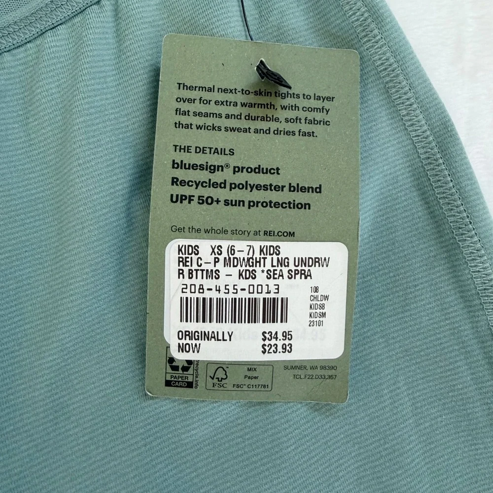 NWT REI Co-op Kids Midweight Base Layer Bottoms Thermal Tights XS 6-7 Sea Spray